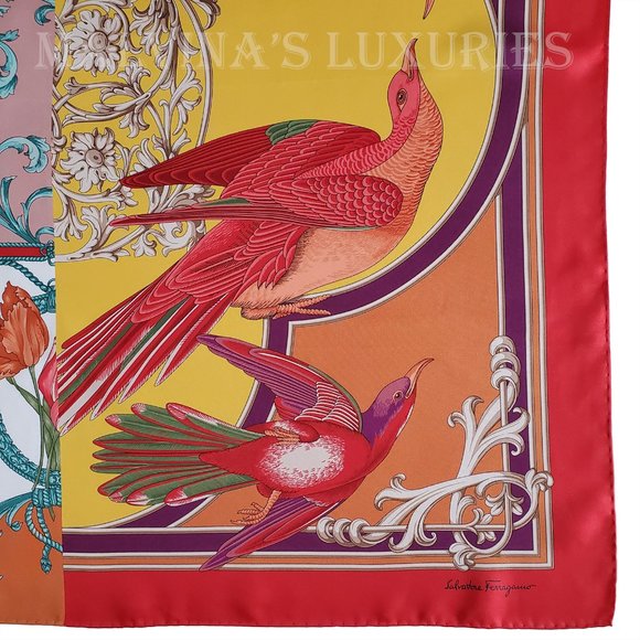 SALVATORE FERRAGAMO SCARF VINTAGE INSPIRED PRINT SILK SQUARE 35" - Picture 9 of 13